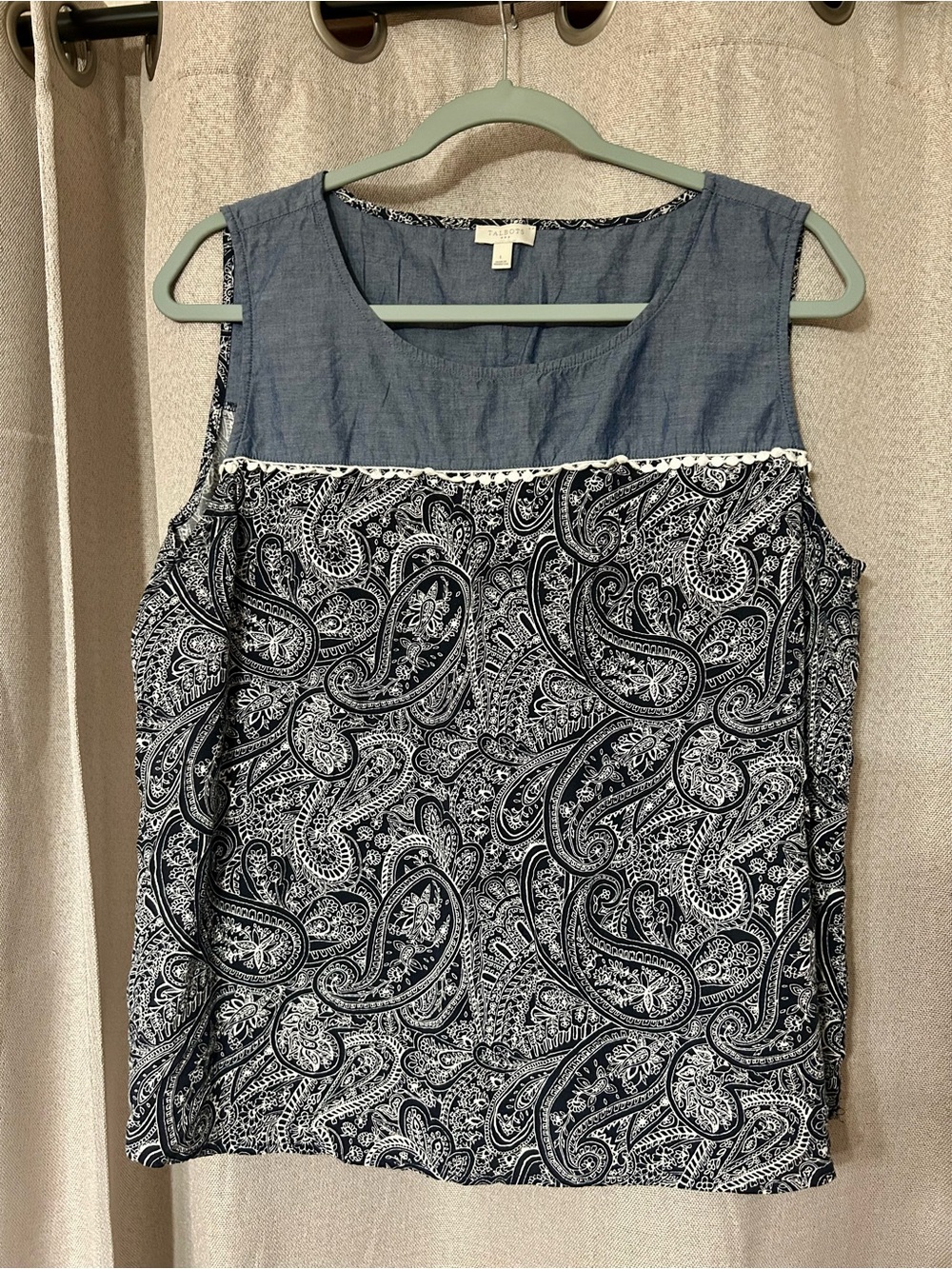 Talbots Navy Paisley Tank with Chambray Yoke